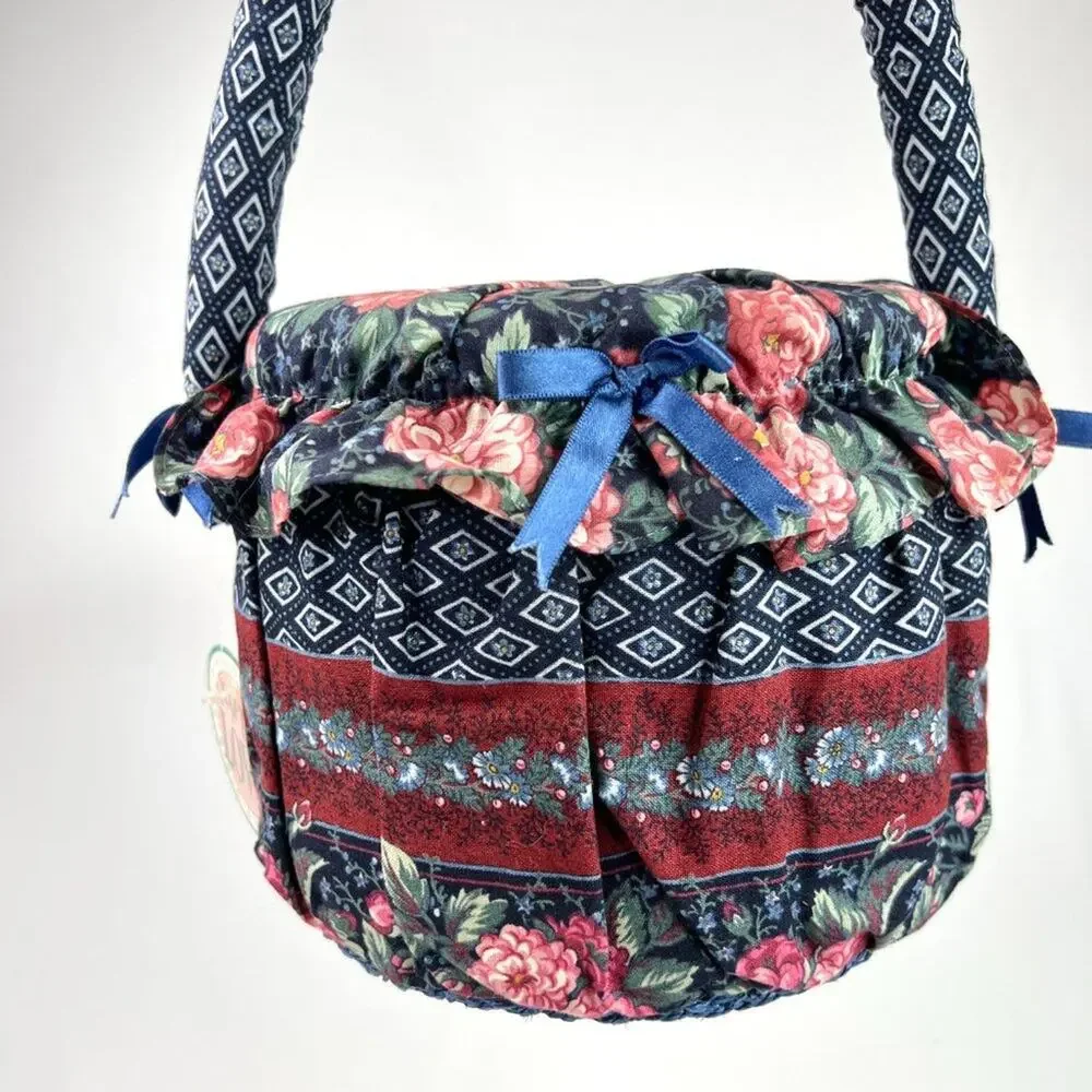 NWT Vintage Crafted With Love Fabric Pattern Sewing Basket With Handle